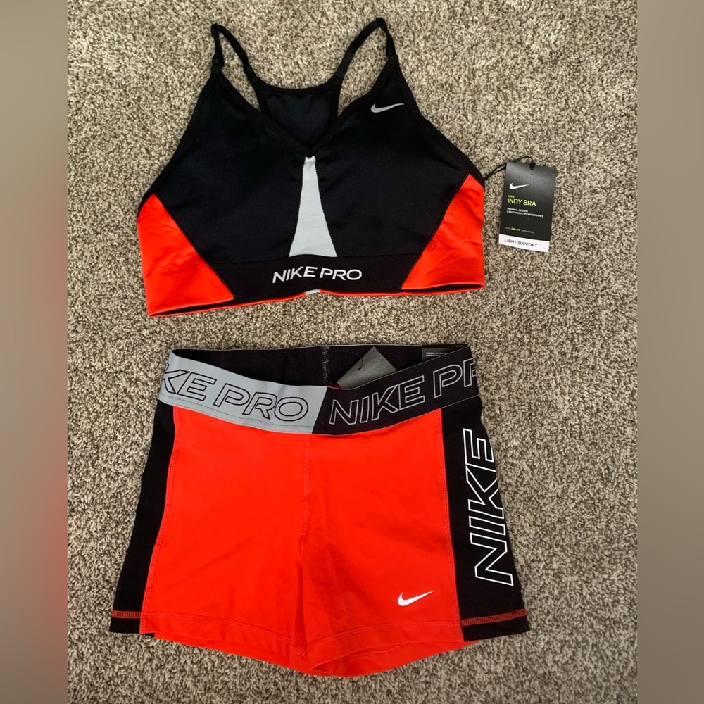 Nike Black & Bright Red Performance Sports Bra and Shorts Set